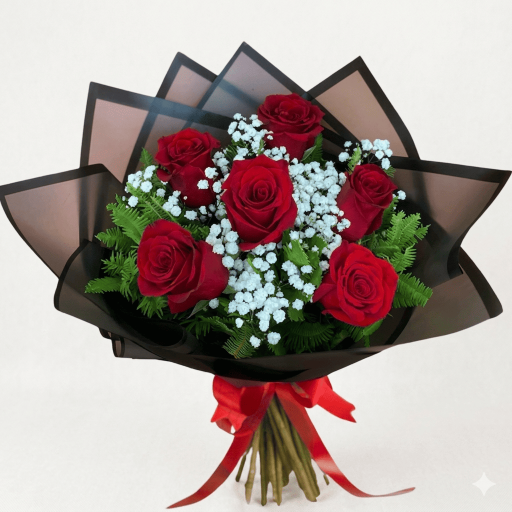 Ramo de 6 Rosas Rojas Envuelto en Papel Coreano