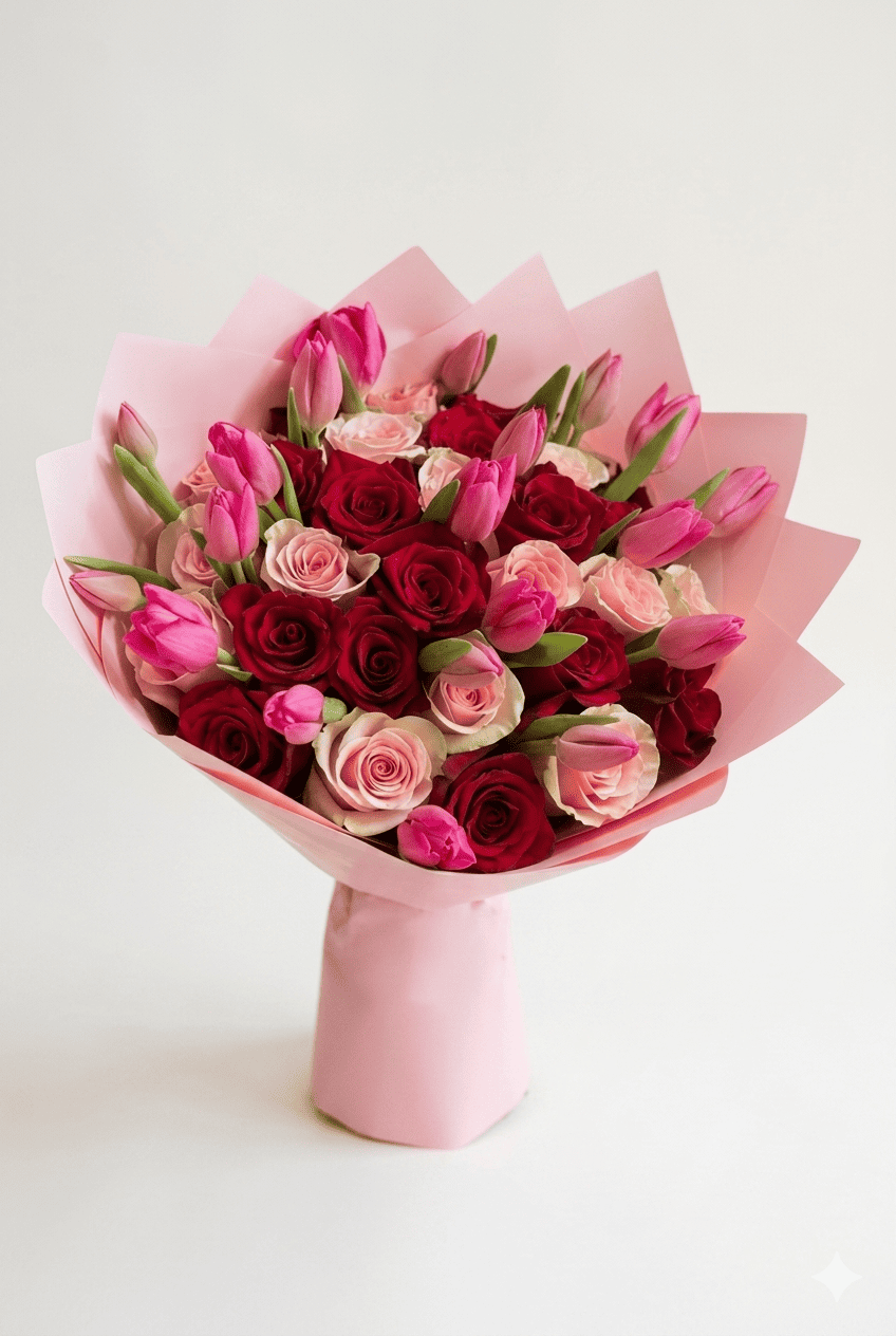 Ramo de 8 Rosas Rojas, 8 Rosas Rosadas y 10 Tulipanes